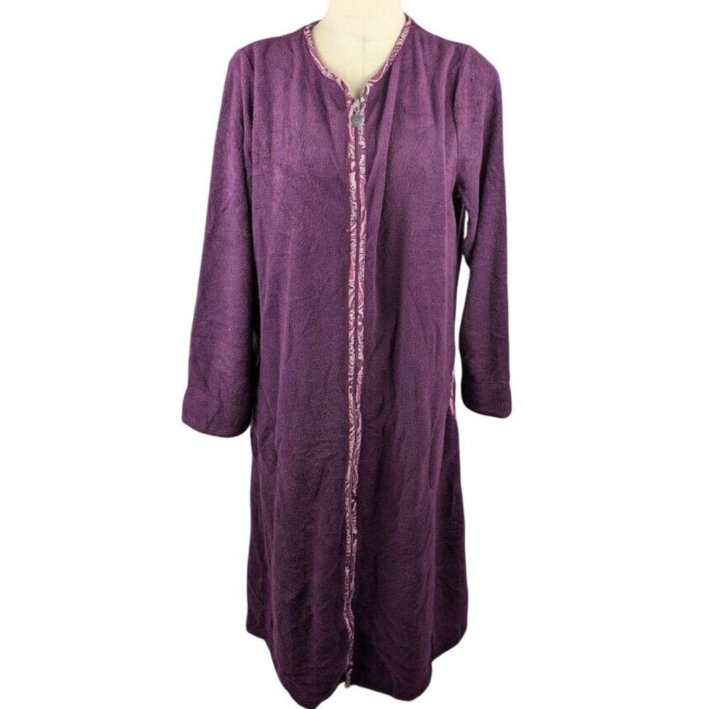 Miss Elaine Robe Zipper Purple Plum Size L Fleece Pockets Long Sleeve